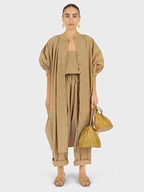 Modern Weaving Button Front Kaftan Dress Khaki Poplin Japanese Cotton Size S/M